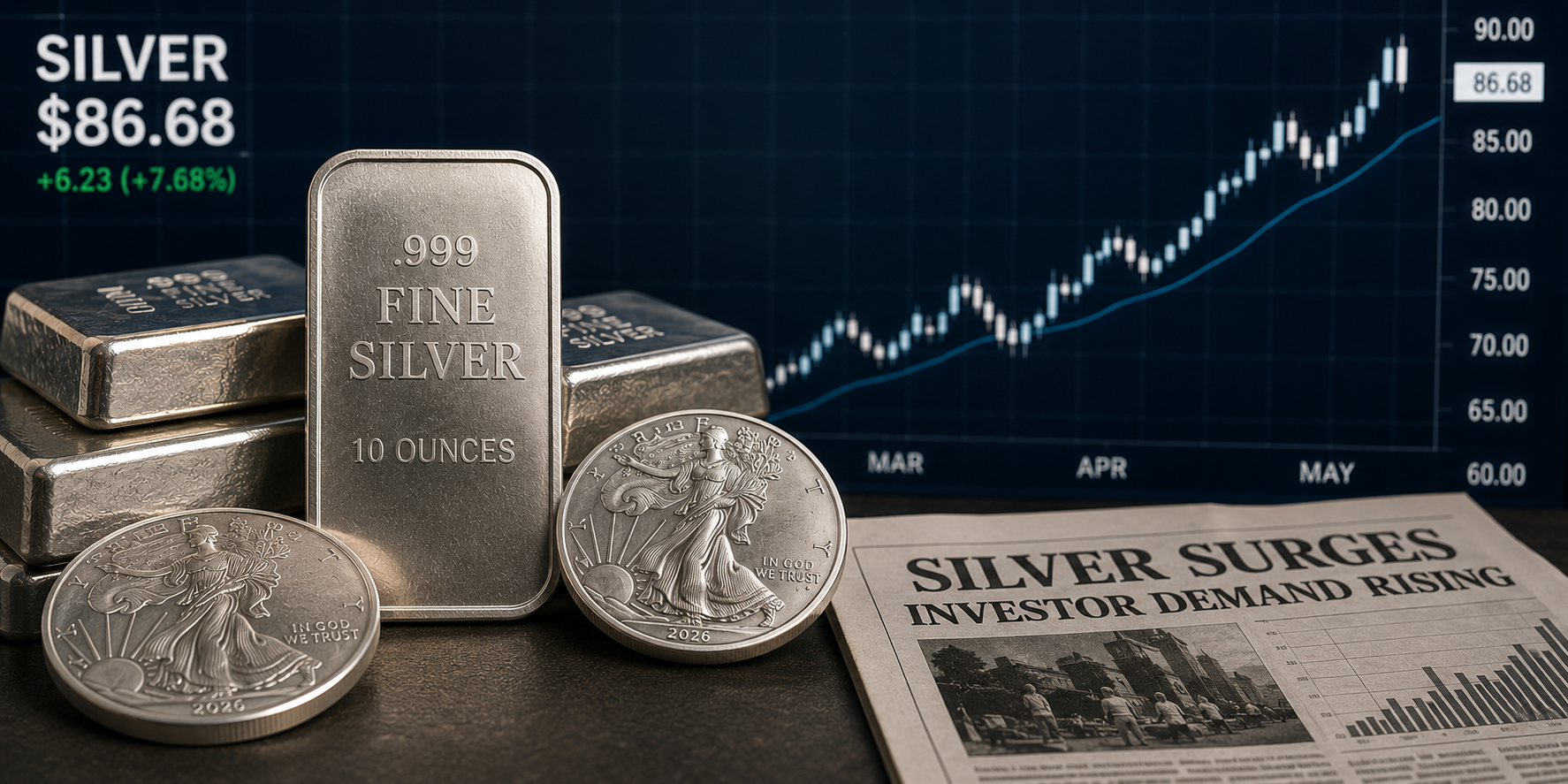 Silver bars and silver coins with a rising precious metals chart - Atlanta Gold and Coin market update