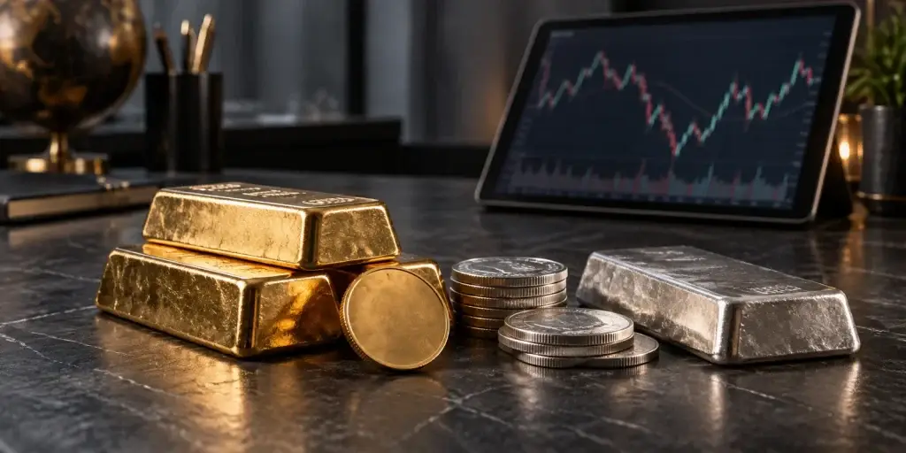 Gold and silver bullion on a desk beside a market chart after the September 2026 Federal Reserve rate increase