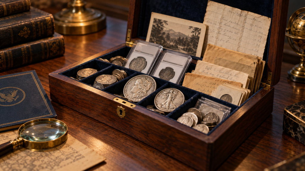 Inherited coin collection with original envelopes, holders, and provenance records in a wooden box
